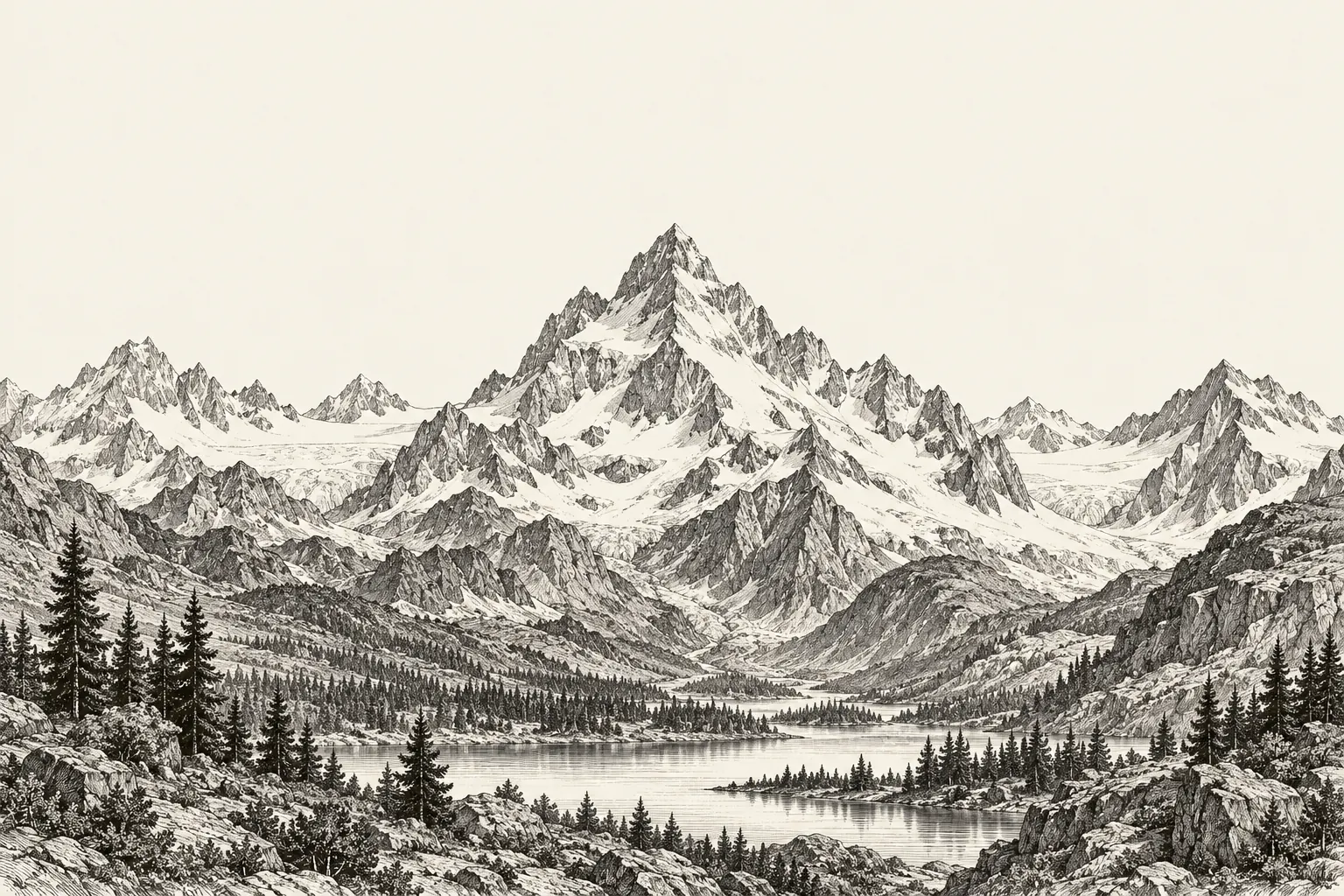 An engraved alpine mountain range